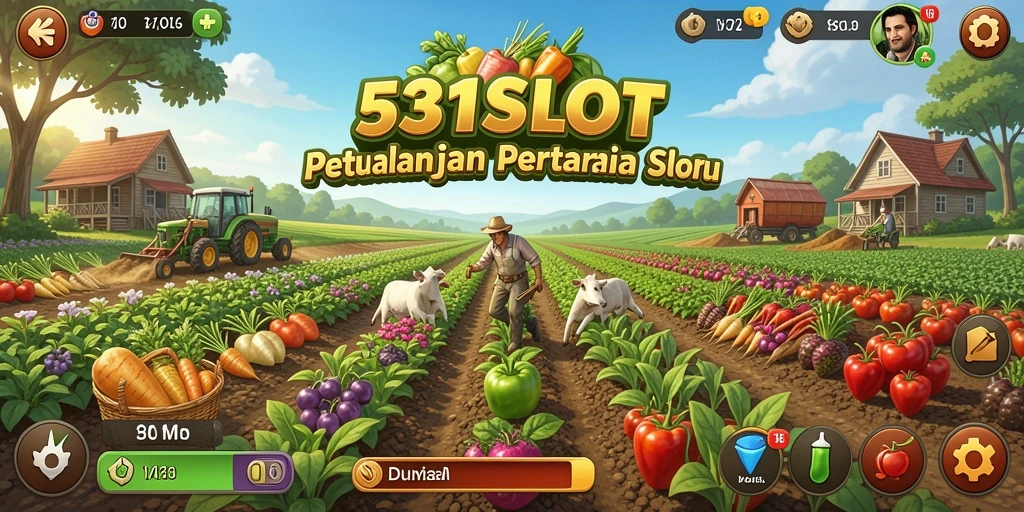 Screenshot gameplay <strong>531SLOT</strong> menampilkan petualangan pertanian yang seru dan penuh warna.