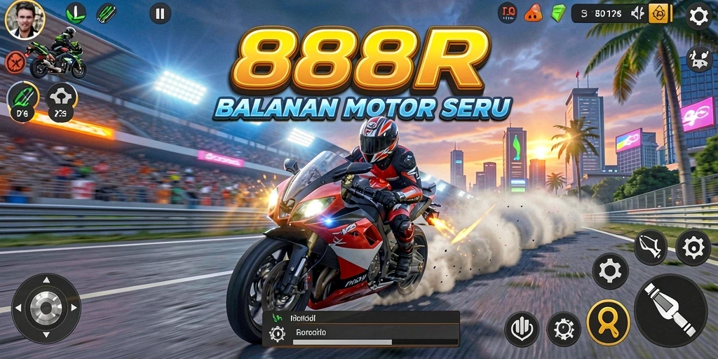 Screenshot gameplay 888R menampilkan aksi balapan motor yang mendebarkan.