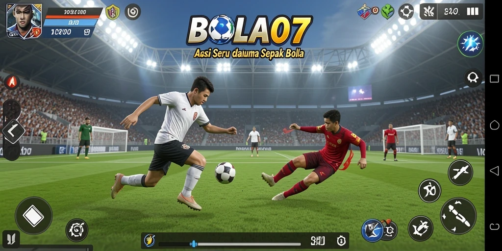 Menampilkan aksi seru dari gameplay BOLA07 dalam sepak bola.