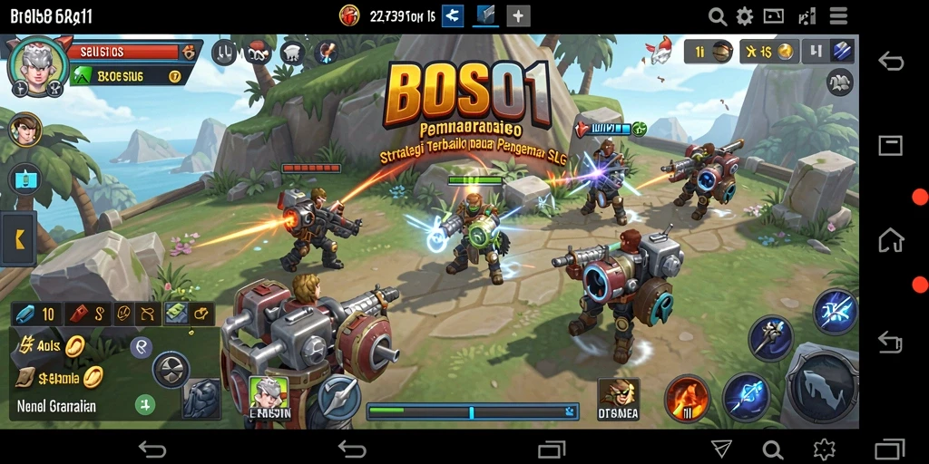 Screenshot BOS01 menunjukkan momen epik pertempuran dalam gameplay SLG.