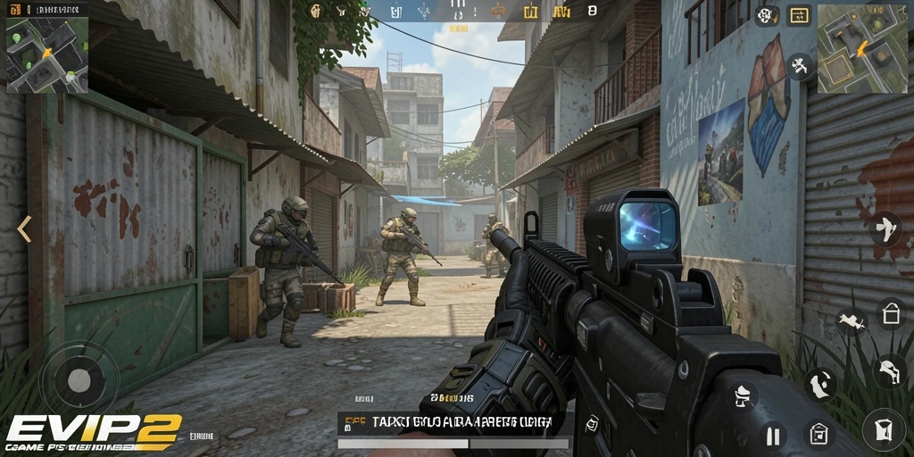 Tangkapan layar utama EVIP2 menampilkan aksi intens dari gameplay FPS.