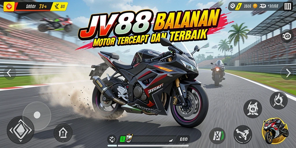 Screenshot menampilkan aksi balapan motor yang intens dalam JV88.