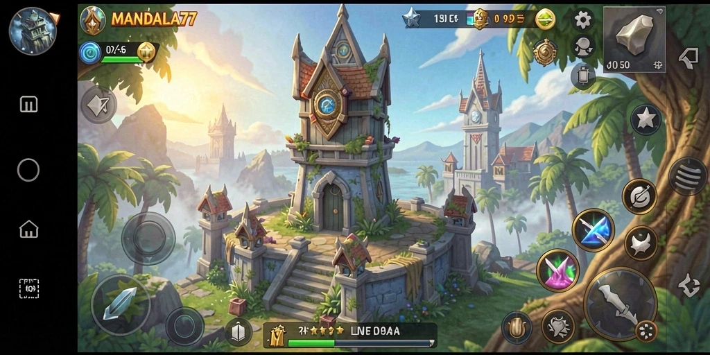 Tampilan gameplay seru MANDALA77 dengan pertahanan menara yang strategis.