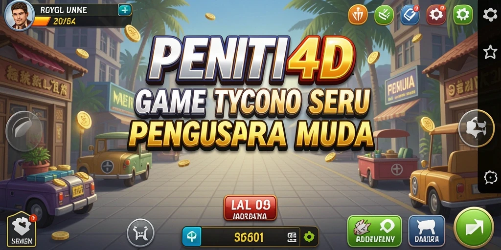 Screenshot utama menunjukkan gameplay manajemen bisnis dalam PENITI4D.