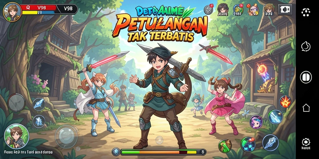 Tampilan gameplay V98 yang penuh warna dan karakter Anime.